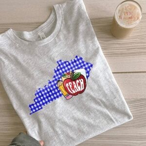 Gray Short Sleeve Tee with Blue Checkered Graphic